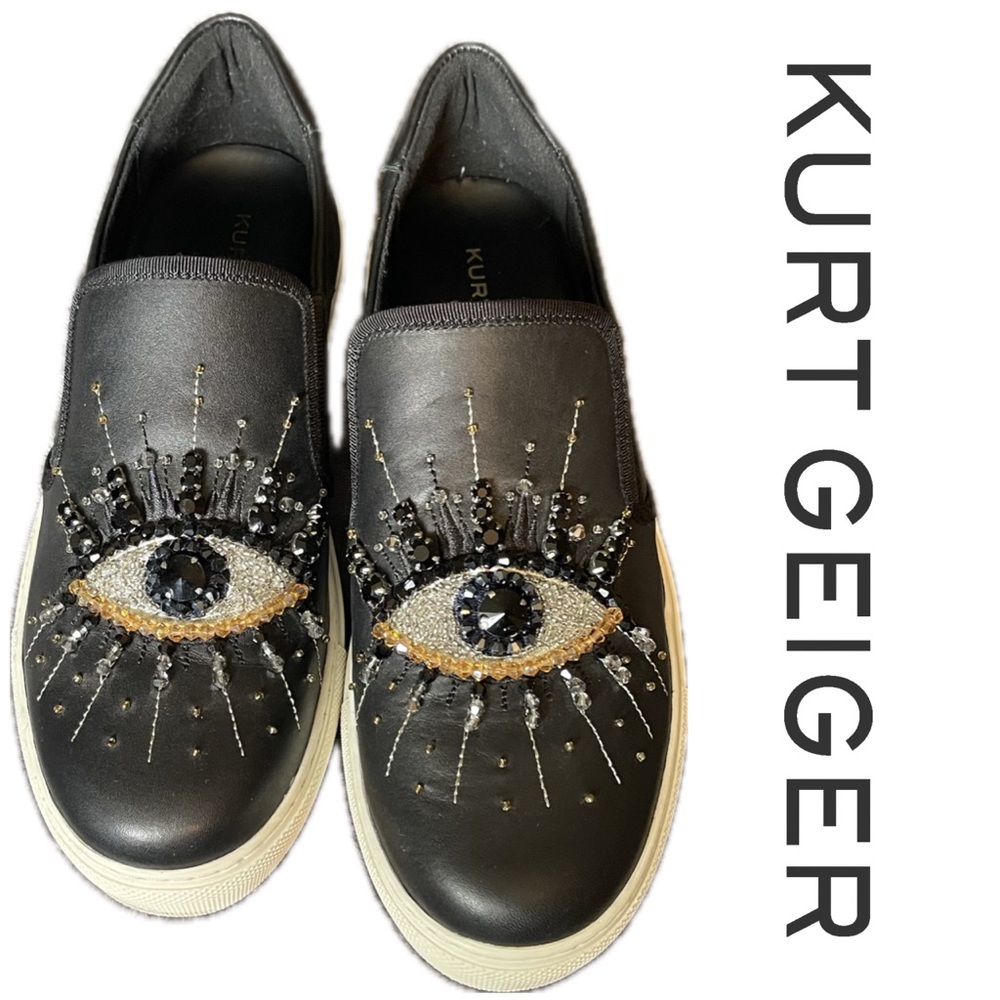 Kurt Geiger Black Leather Slip-On Sneakers with Embellished Evil Eye